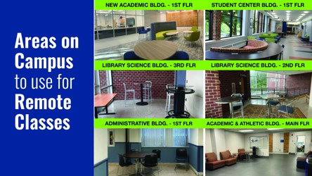 Image of several spaces on campus that students can use for their remote classes.