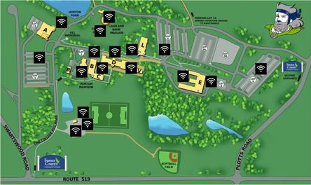 A graphic campus map with WiFi areas indicated.