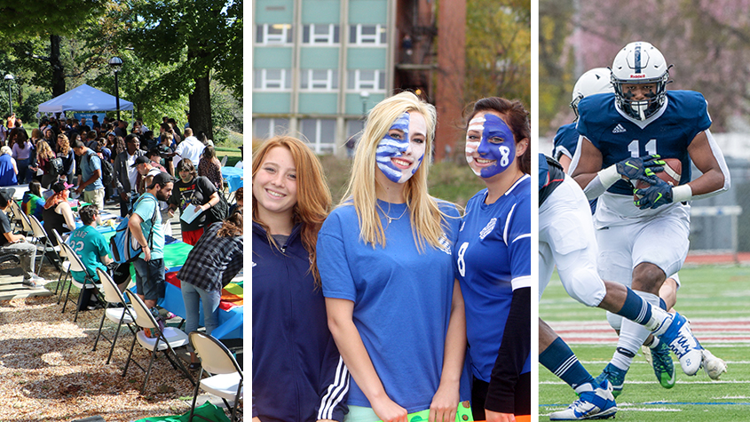 Montage of students on campus including a picnic, student fans at a game, and a football player running down the field.