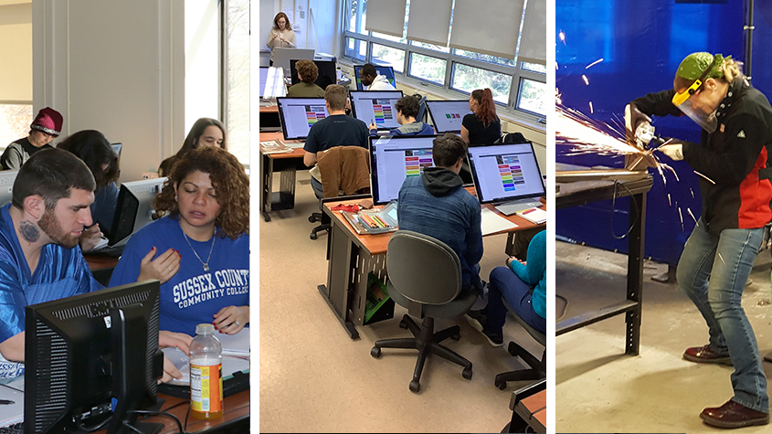 A collage of images of students in a classroom, in the graphics lab and in the welding class.