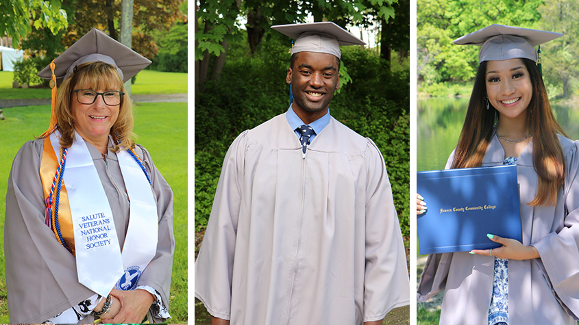 Montage of 3 graduates, female, male and female.