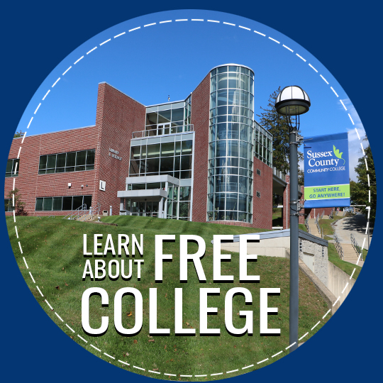 Our Library Science Building in Summer with the words Learn about Free College.