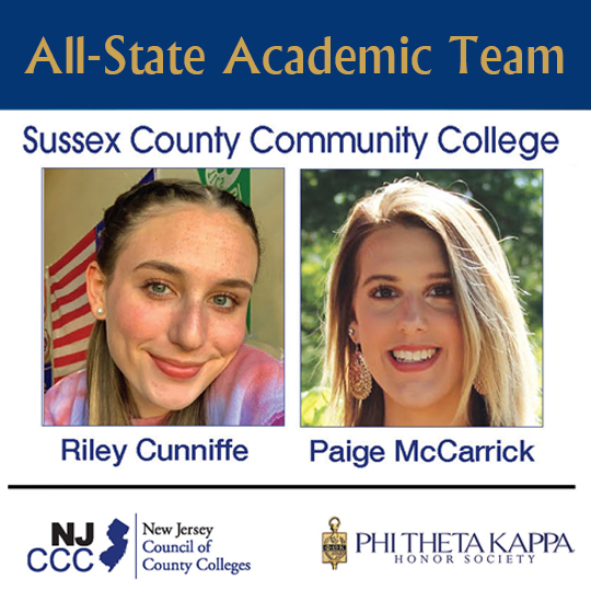 Two female students with the phrase All-State Academic team