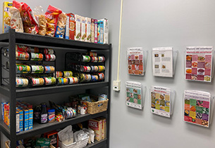 A Pantry shelf filled with food.