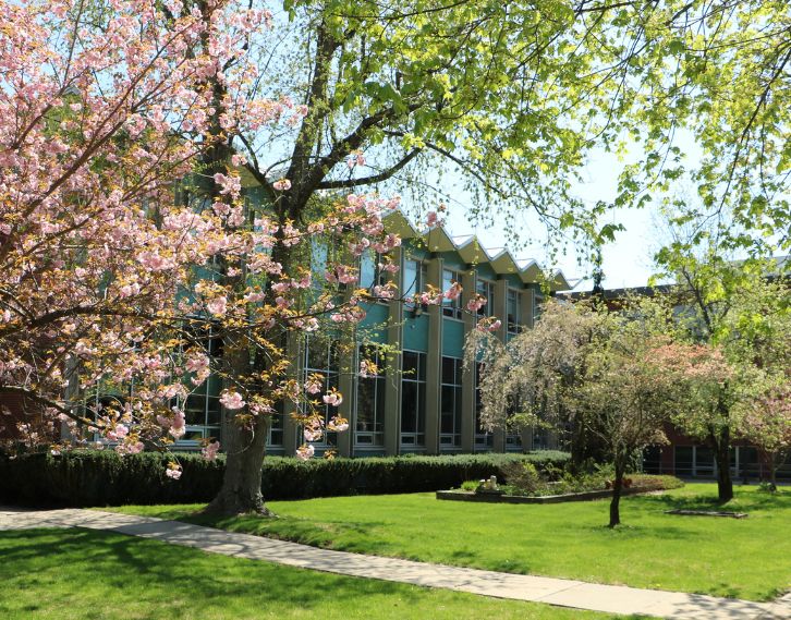 SCCC Campus with flowering trees in full bloom